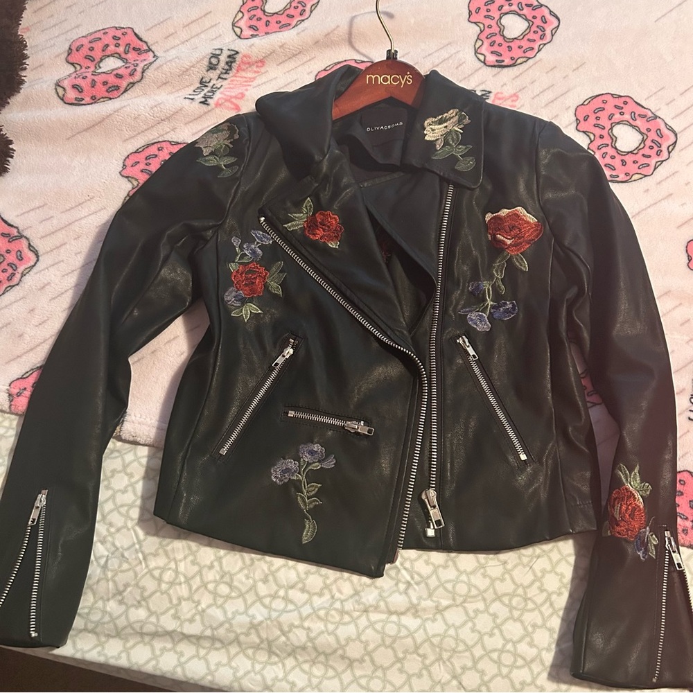 Olivaceous Black and Red Vegan Leather Moto Jacket with Floral Embroidery